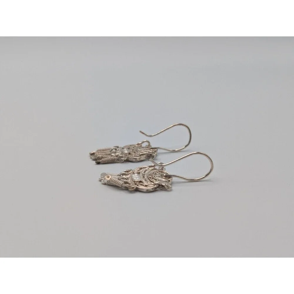 Peruvian Marked 950 Sterling Silver Filigree Handmade Inca Andean Drop Earrings